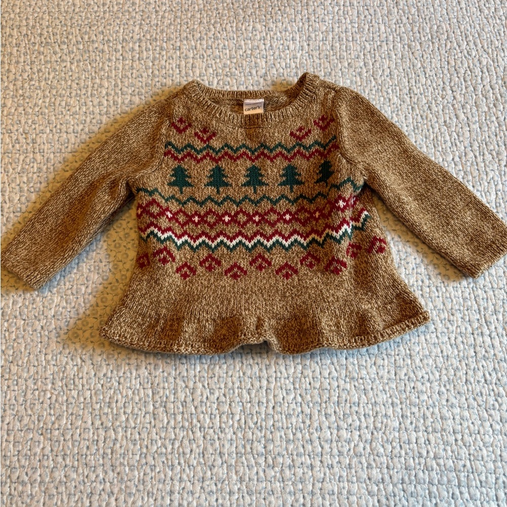Carter's Tan Knit Holiday Sweater with Red and Green Accents
